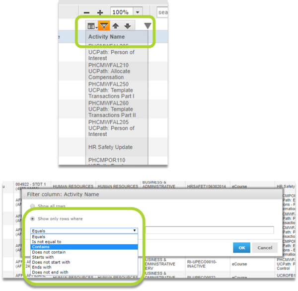 Selecting the Filter icon at top of report column