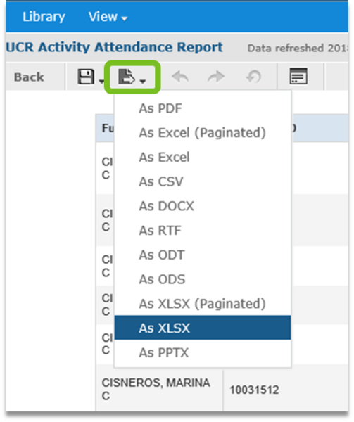 Selecting the report Export icon